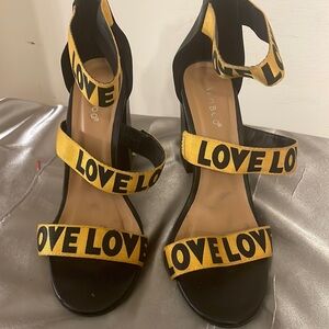 Bamboo Yellow & Black Love Grosgrain Ankle Strapped Sandals